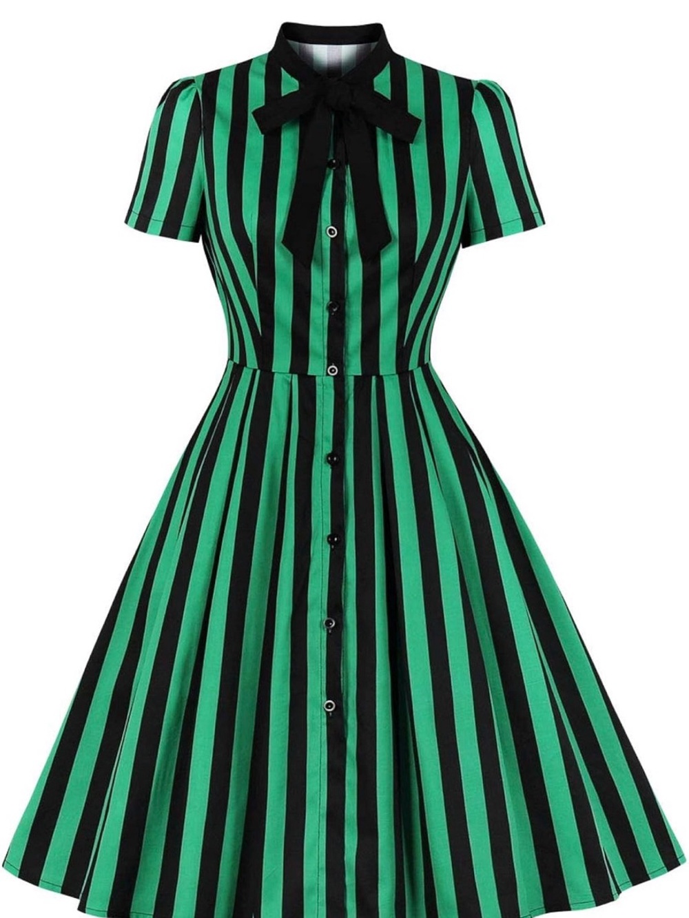 Green and Black Striped Midi Shirtwaist Dress with Bow